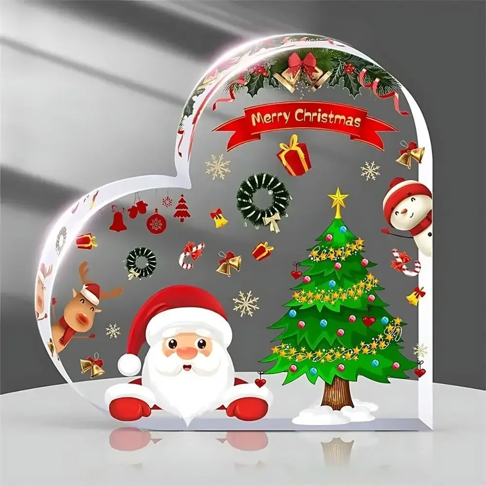 Heart Shaped Acrylic Christmas Plaque Santa Xmas Tree Snowman Desktop Holiday Ornament