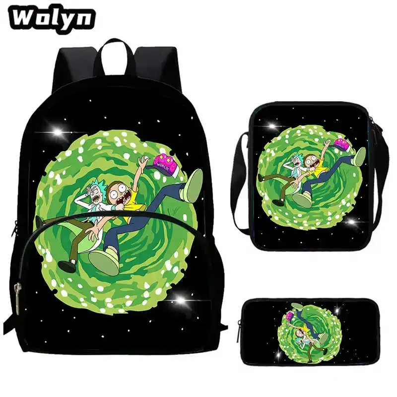 

3PCS Set Anime RickMoty School Backpack with Shoulder Bags Pencil Bags for Primary,Large Cartoon School Bags for Boys Girls