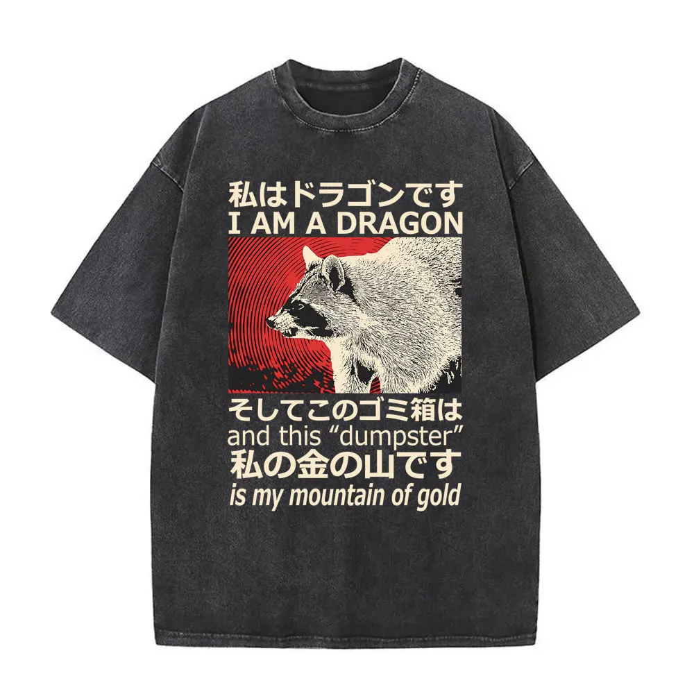 

I Am A Dragon and This Dumpster Is My Mountain of Gold Washed Vintage Funny Japanese Style Raccoon T-shirt Men Oversized T Shirt