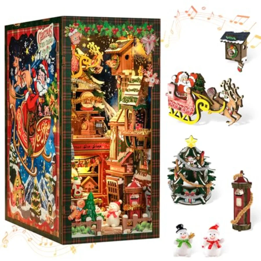 

Christmas Book Nook Kit - DIY Miniature Wooden House for Adults Teens, Red and Cream Bookshelf Decor with Detailed 3D Puzzle De