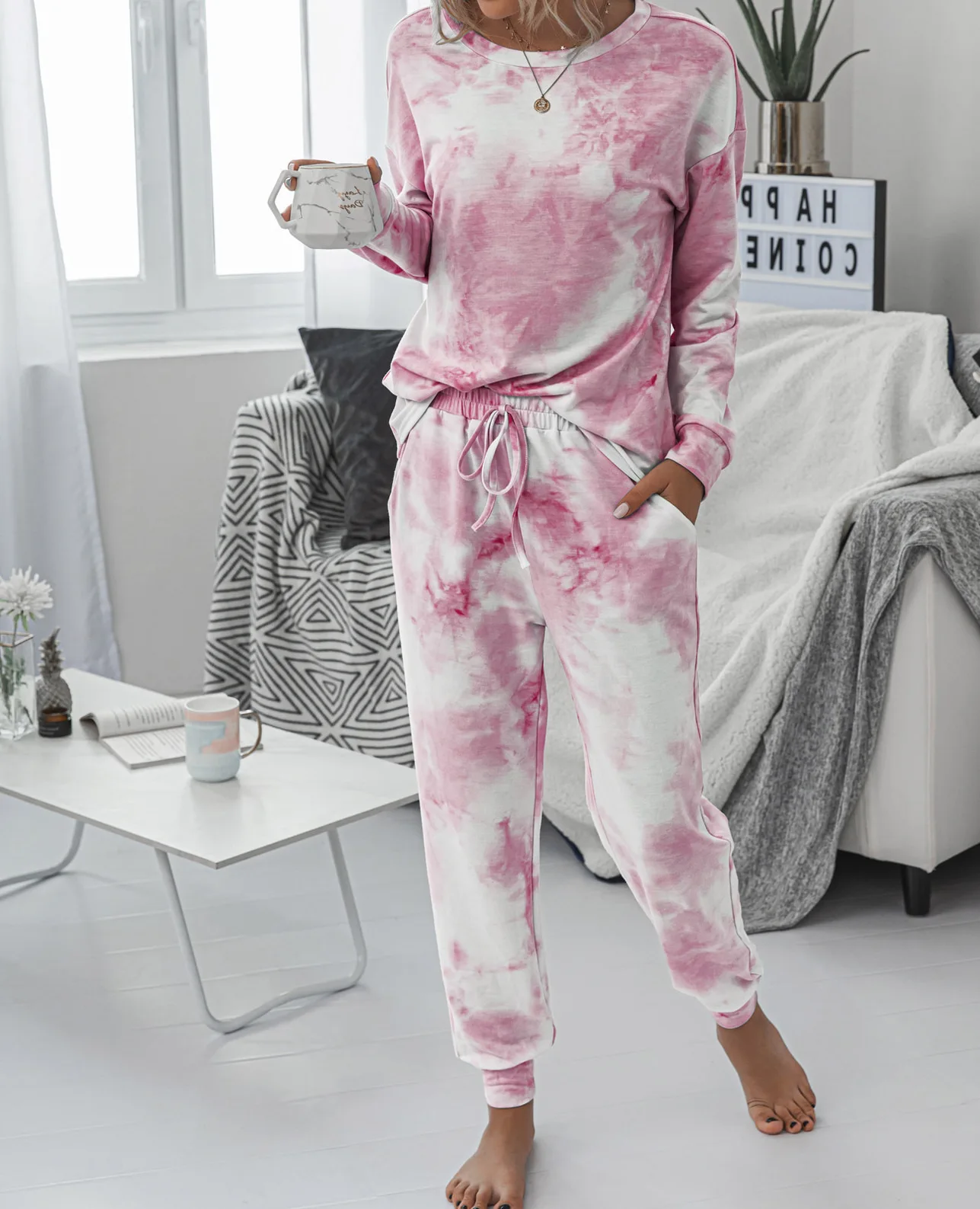 2024 Casual autumn Women Two-piece Set Long Sleeved Nebula print Loose t-shirt sweatshirt + long pant with pocket nightwear walk