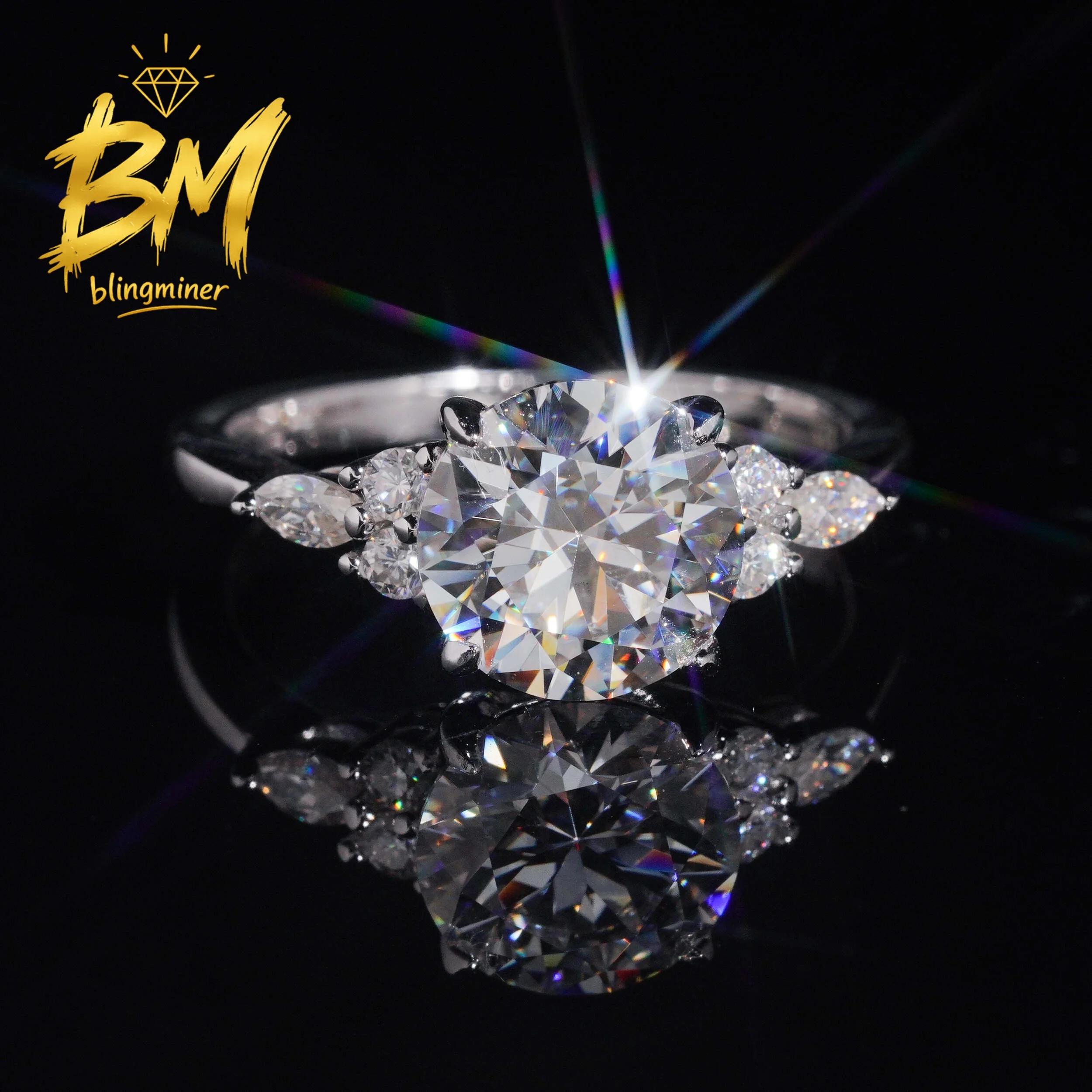 Blingminer Fashion Elegant Style 3CT S925 Silver VVS Moissanite Rings Engagement Wedding Women Finger Jewelry Pass Diamonds GRA