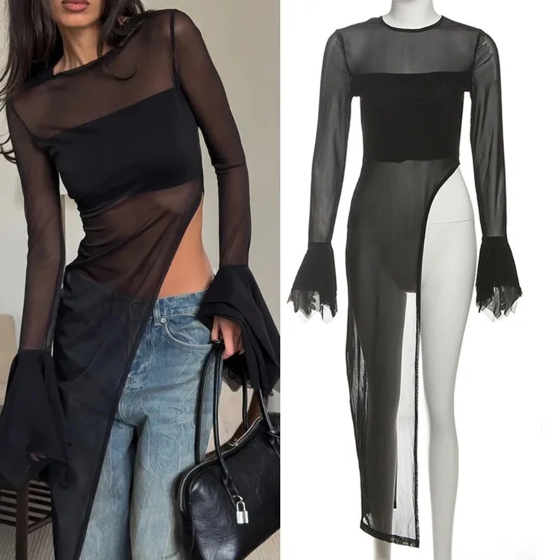 

Irregular Tops & Tees T-Shirt Women Sexy Patchwork Flared Sleeves Summer Daily Midnight Skinny Hottie Long O-Neck Tops Tee New