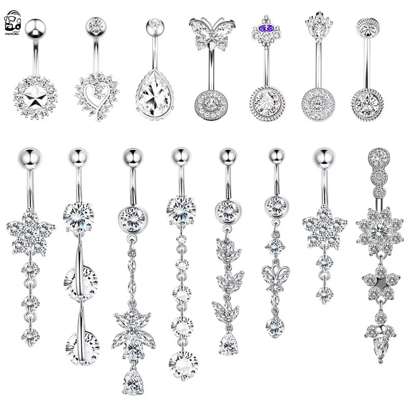 Anéis de botão de barriga de aço cirúrgico coração flor zircão cúbico balançar umbigo anel de piercing de barriga nombril ombligo feminino jóias do corpo