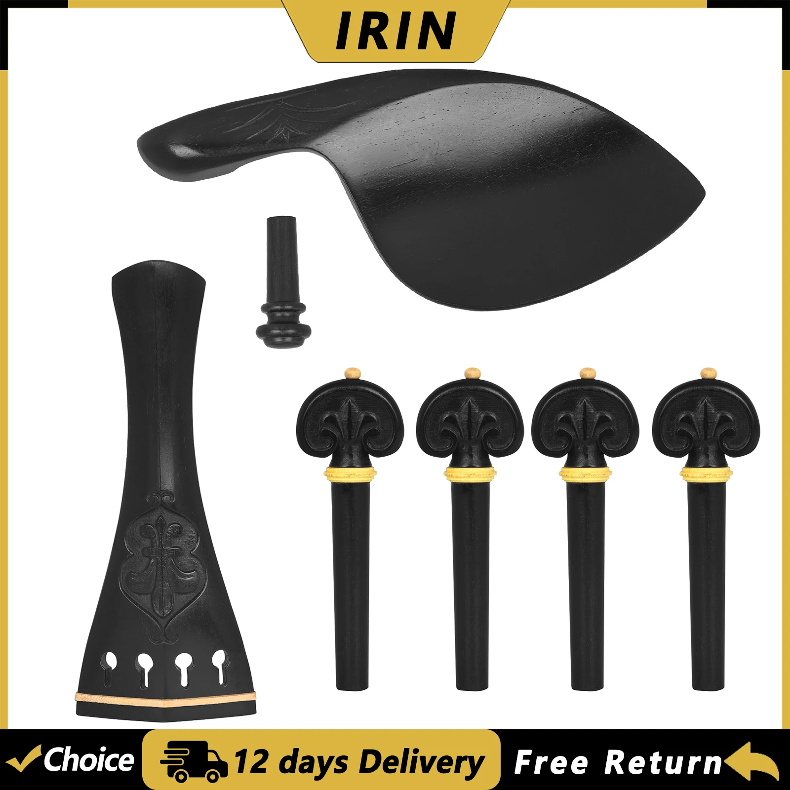 IRIN 4/4 3/4 Ebony Violin Tailpiece Tuning Pegs Chinrest Endpin Set Fiddle Replacement Parts String Instrument Accessories