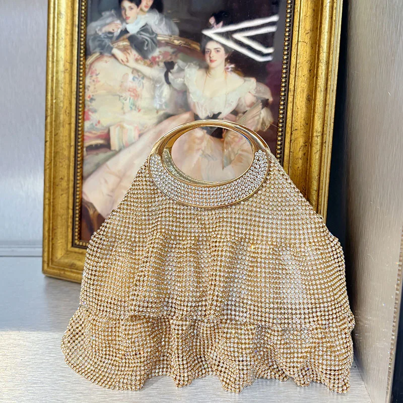 

Блестящая плиссированная юбка с блестящими бриллиантами, вечерняя сумка с металлической ручкой, женская сумка, клатч для свадебной вечеринки, сумка на плечо, подмышки
