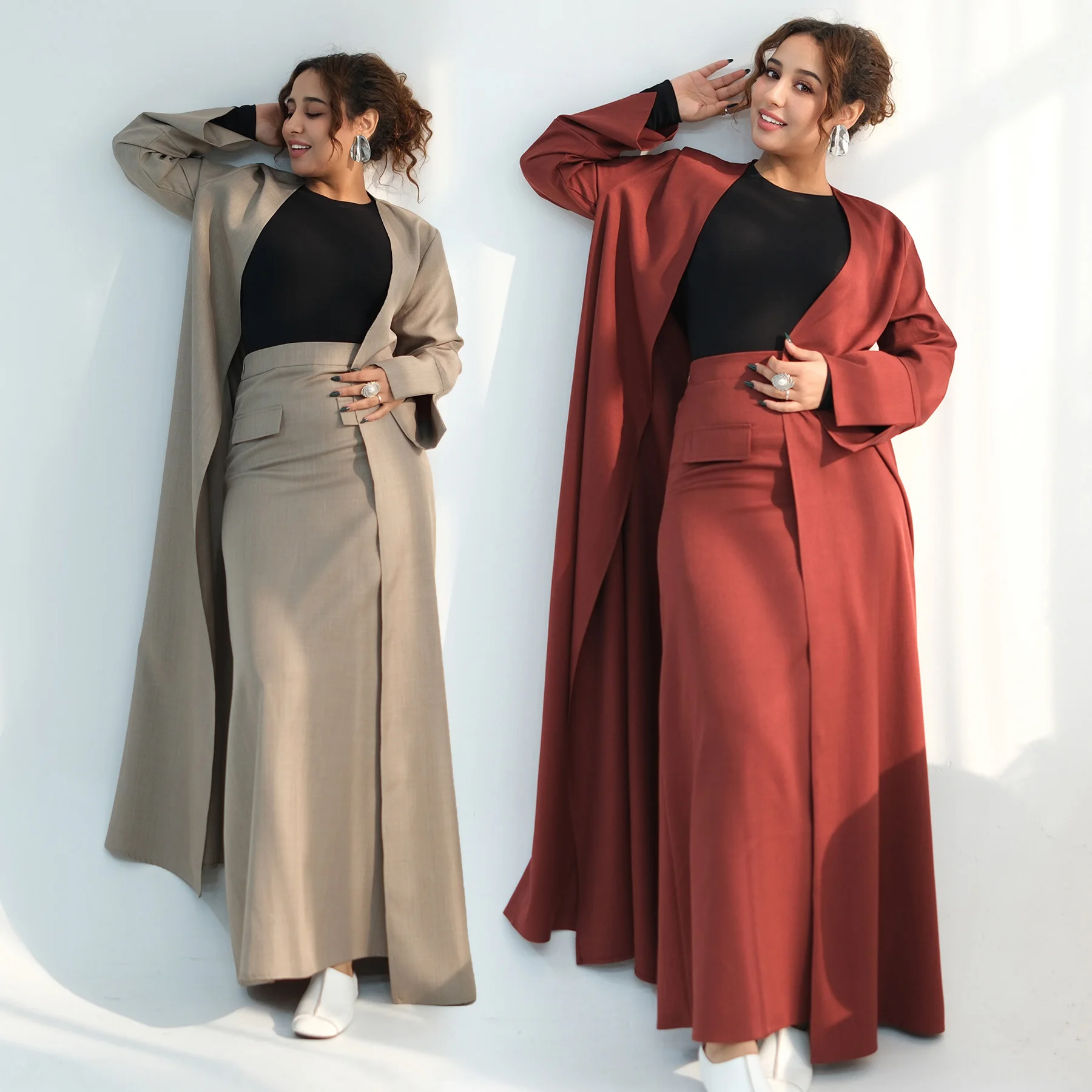Muslim Women Elegant Twill Abaya Skirt Set(No Top): Decorative Pocket Flaps High-Waisted A-line Side Zipper Skirt & Kimono Abaya