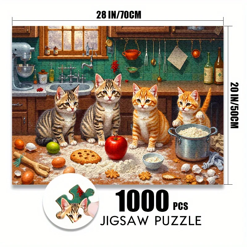 500/1000 قطعة من ألغاز الورق أربعة قطط لطيفة في المطبخ، مكونات متناثرة، ألعاب ألغاز كبيرة لطيفة للغاية للكبار Ga