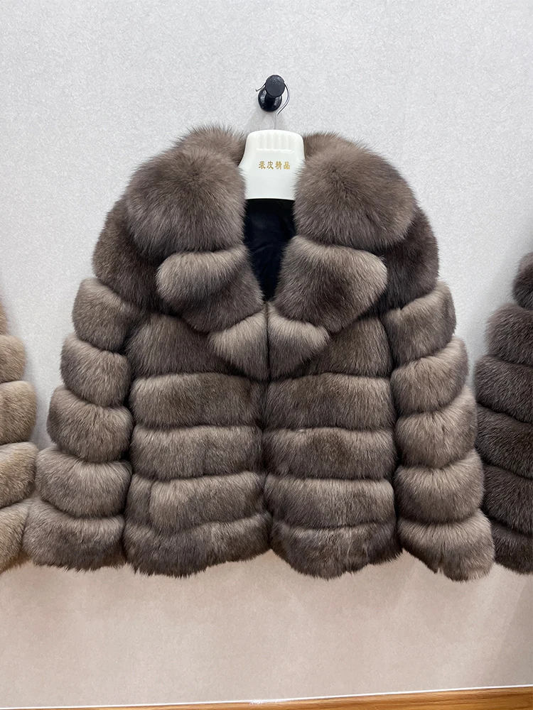 New Fashion Natural Real Fox Fur Coats For Women Luxury Fluffy Whole Skin Fox Fur Suit Collar Jacket Long Sleeve Female