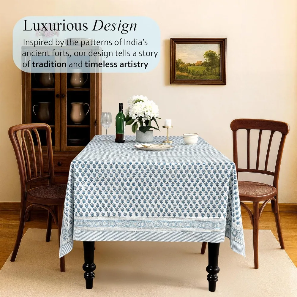 CPC 100% Cotton 72x140 Inch Indian Block Print Rectangle Tablecloth, Blue for Weddings and Spring/Summer Events