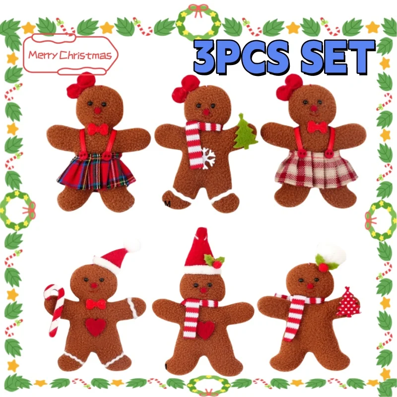 

3pcs Christmas Plush Doll Pendants Decor Home Gingerbread Man Xmas Tree Hanging Table Ornaments For Party New Year Kid Gifts