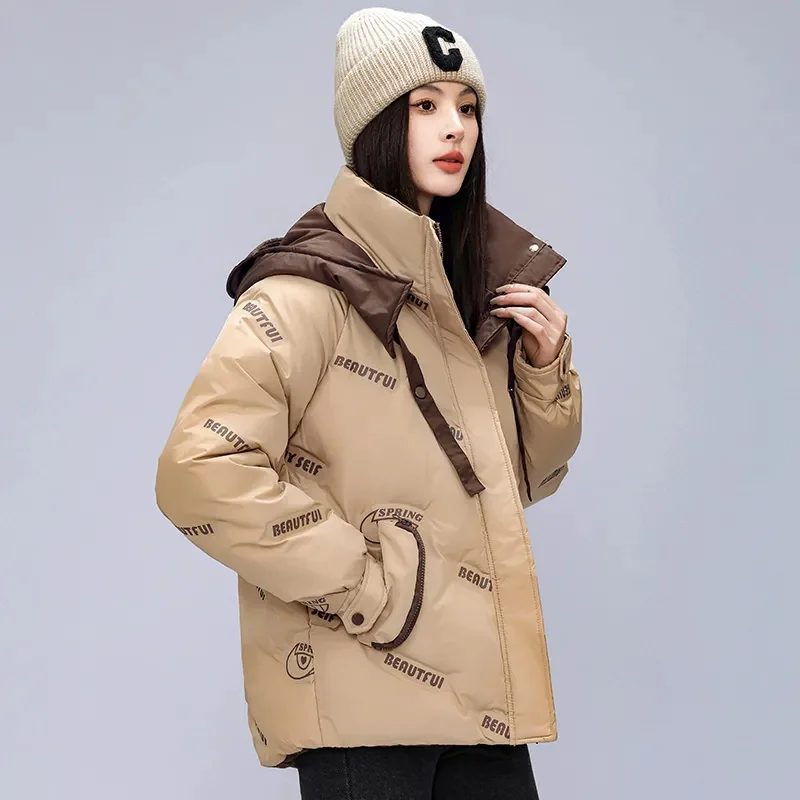 2024 neue Druck Unten Baumwolle Jacke frauen Verdicken Mantel Winter Koreanische Ausgabe Lose Kurze Mit Kapuze Mantel Weibliche Warme Parker outwear