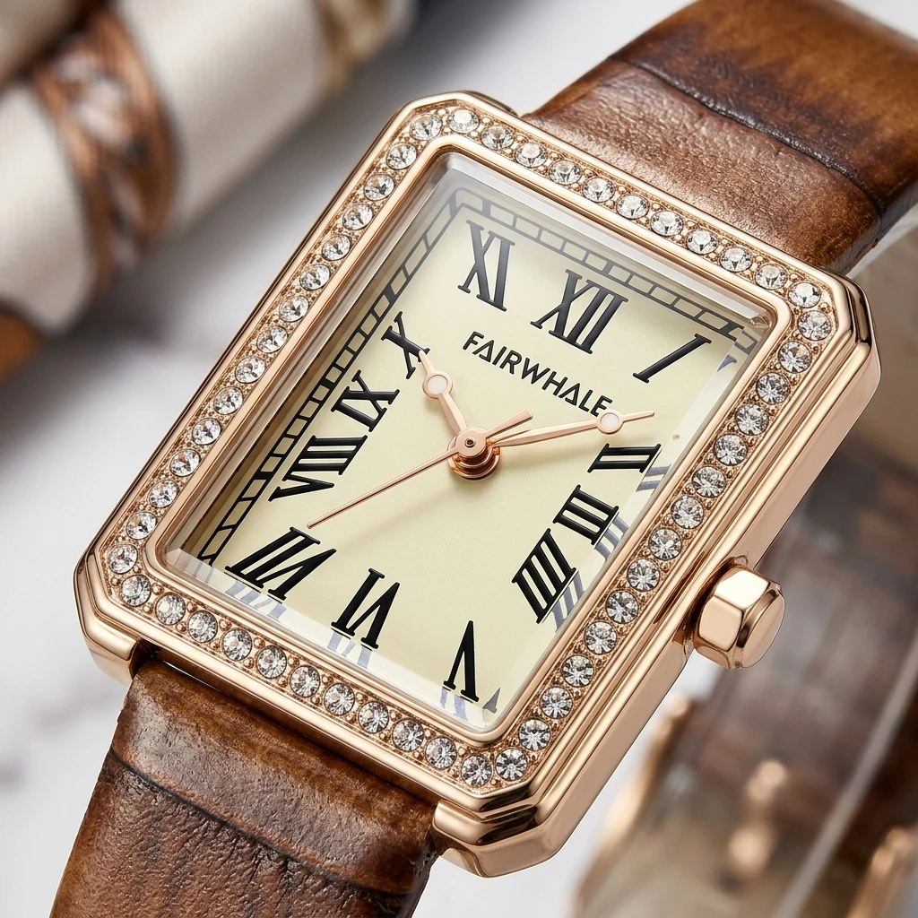 Fashion Female Quartz Watch Mark Fairwhale Retro Small Square Roman Numeral Dial Genuine Leather Bracelet Ladies Wristwatch