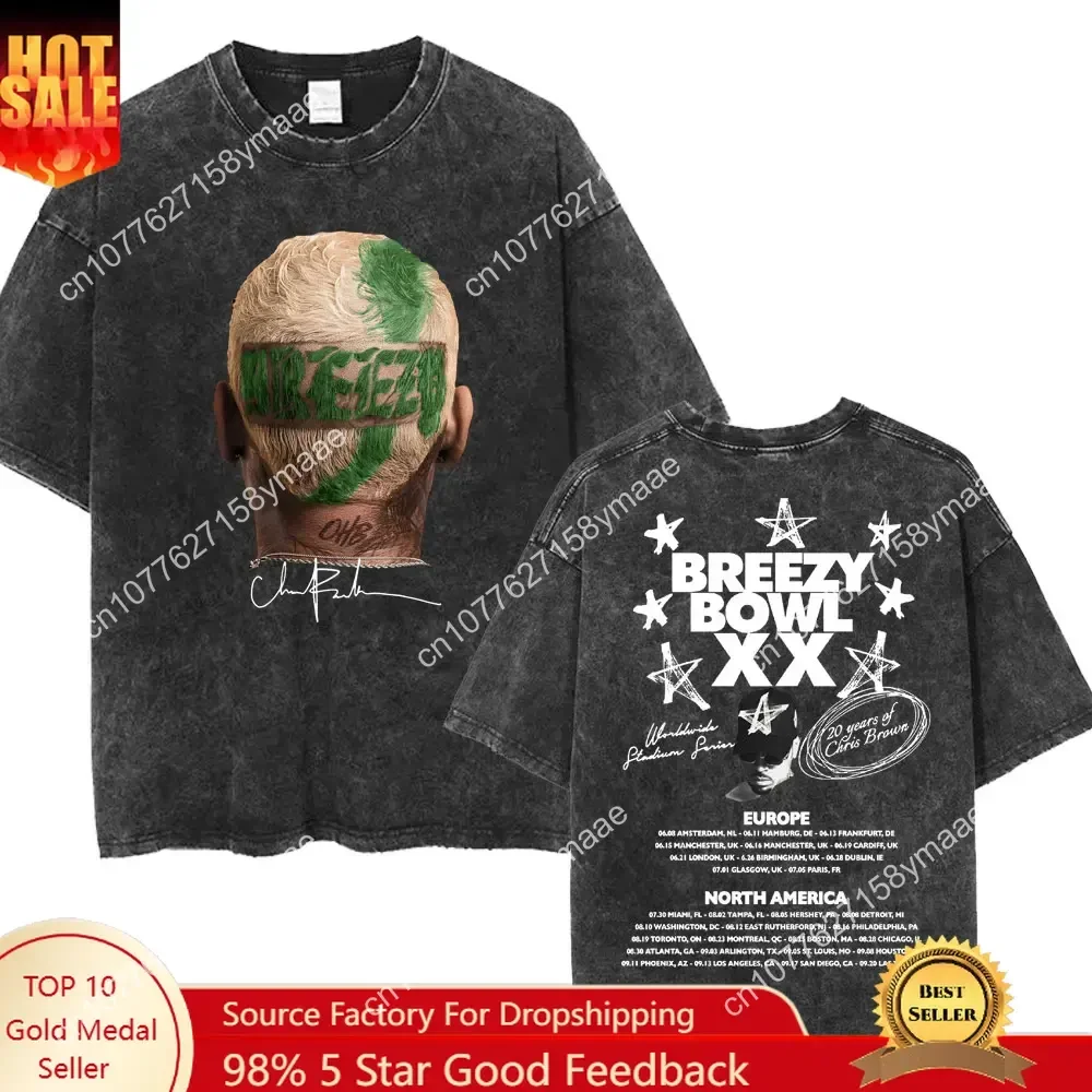 

Chris Brown Breezy Bowl XX Concert Tour Washed T Shirts Vintage Hip Hop Gothic T Shirt Men Women's Oversized Cotton T-shirt Stre