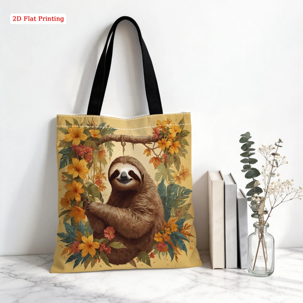 1pc Vintage Style Shoulder Bag Yellow Floral Sloth Print Tote Bag For Shopping Travel Daily Use Large Capacity Storage Handbag P