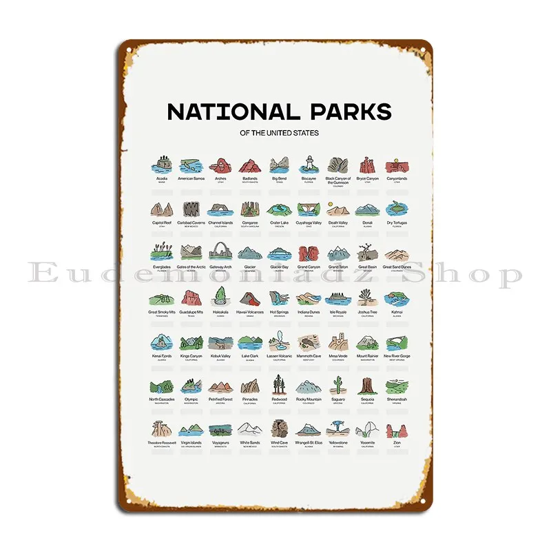 National Parks Checklist Poster Metal Sign Poster Wall Decor Printing Garage Living Room Living Room Tin Sign Poster