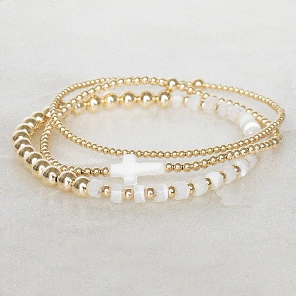 Pulseira feminina de cruz com contas de ouro, elástica boêmia multicamadas, joias com pingente de pedra branca. Acessórios de moda minimalistas