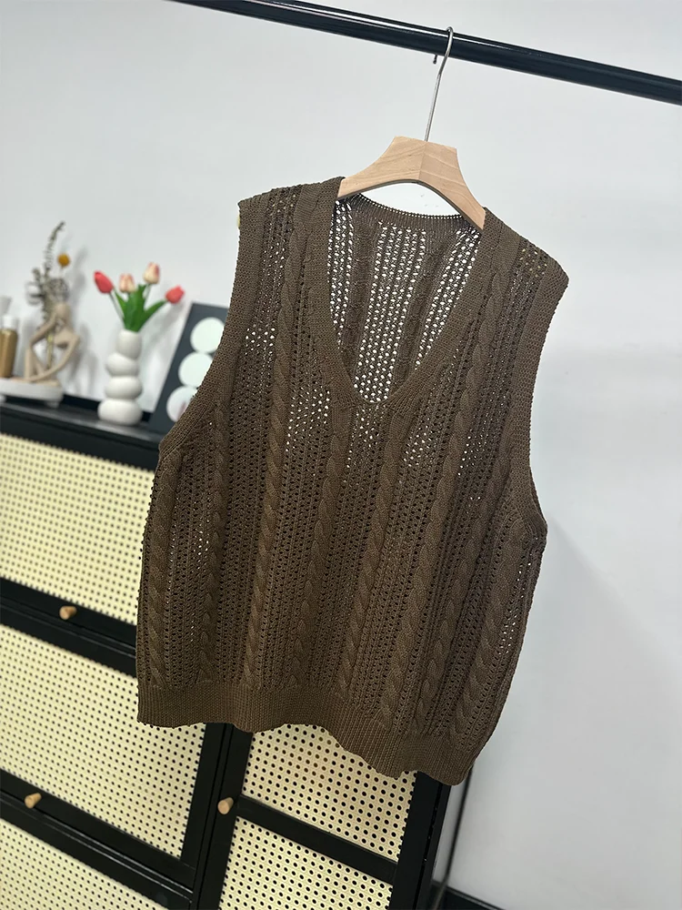 High Quality Vest Women's V-neck Hollowed Out Knitted Cotton Vest for Autumn and Winter Loose Sweater Wearing Outside