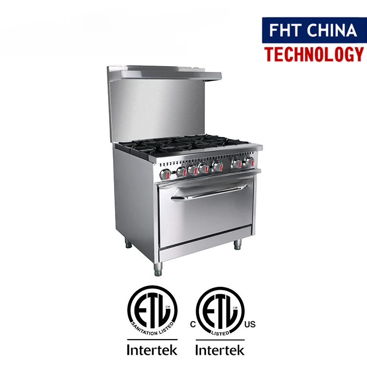 FHT-CHINA ETL Multiple Function Commercial Gas Range Open Hot Plates Burner Stove With Griddle / Ovens / Salamander