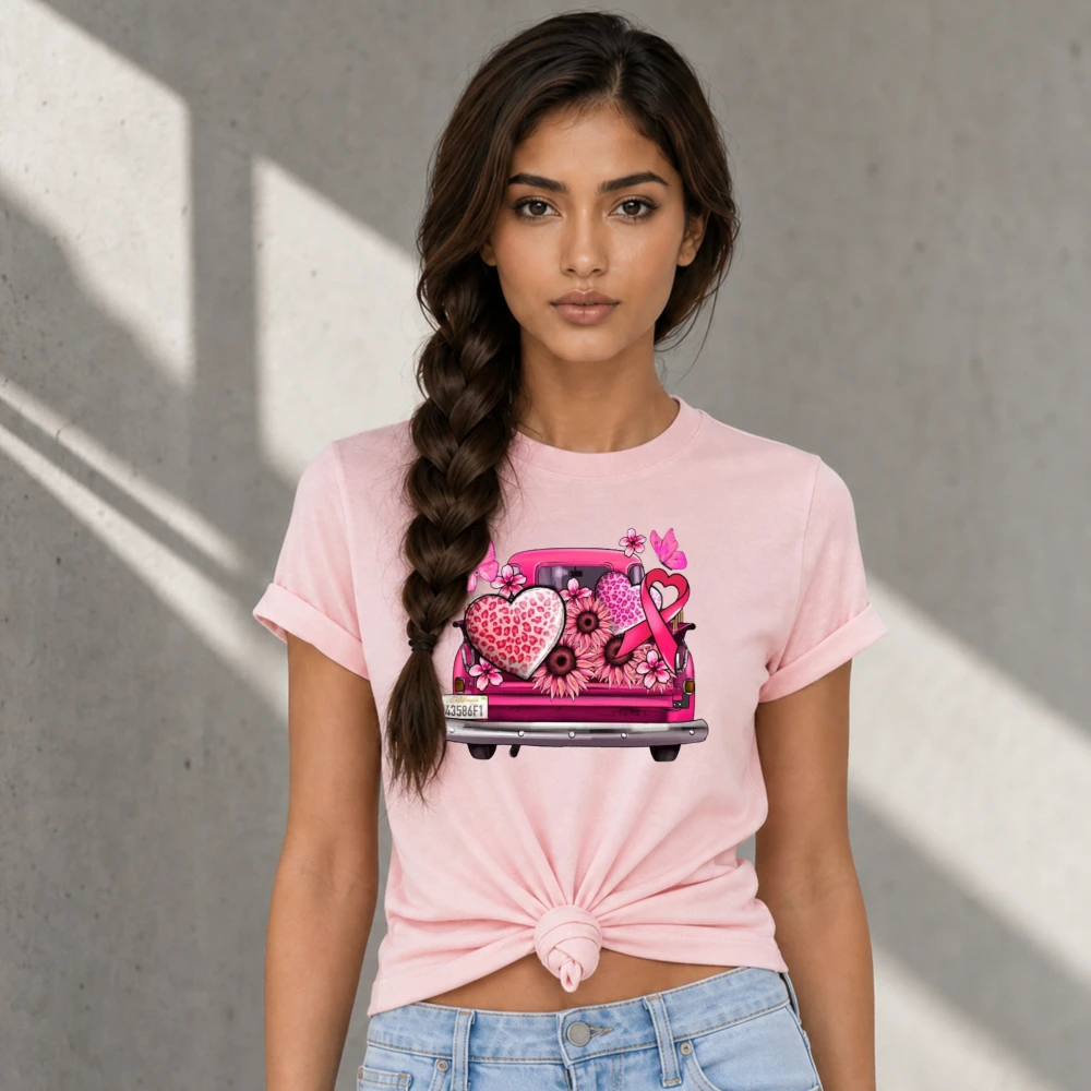 Vintage Pink Truck Floral Heart Pink Ribbon T-shirt Breast Cancer Awareness October Support Warrior Casual Graphic Cotton Tops