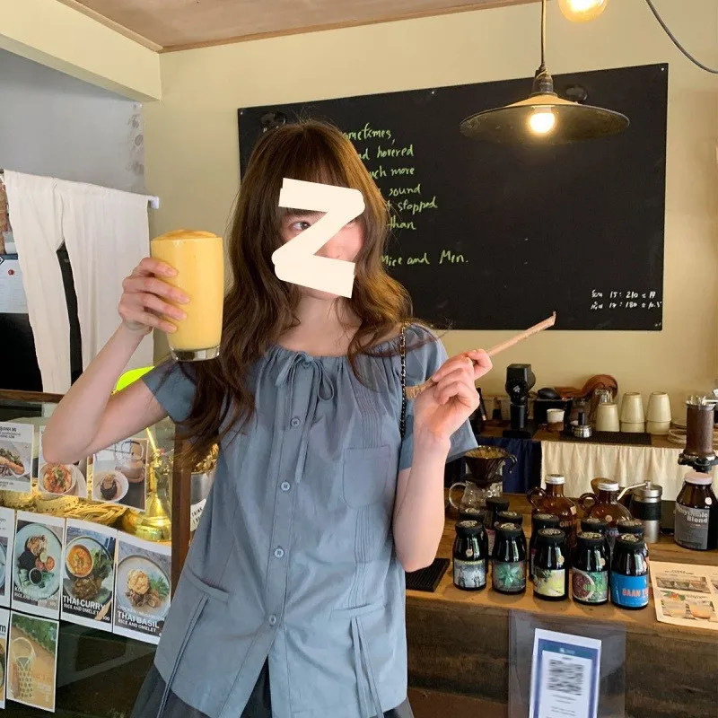 

Casual Dstring Collar ort Sve irt Women's Summer Faionable Top Versatile Cotton Polyester Blend round Ne Butter...