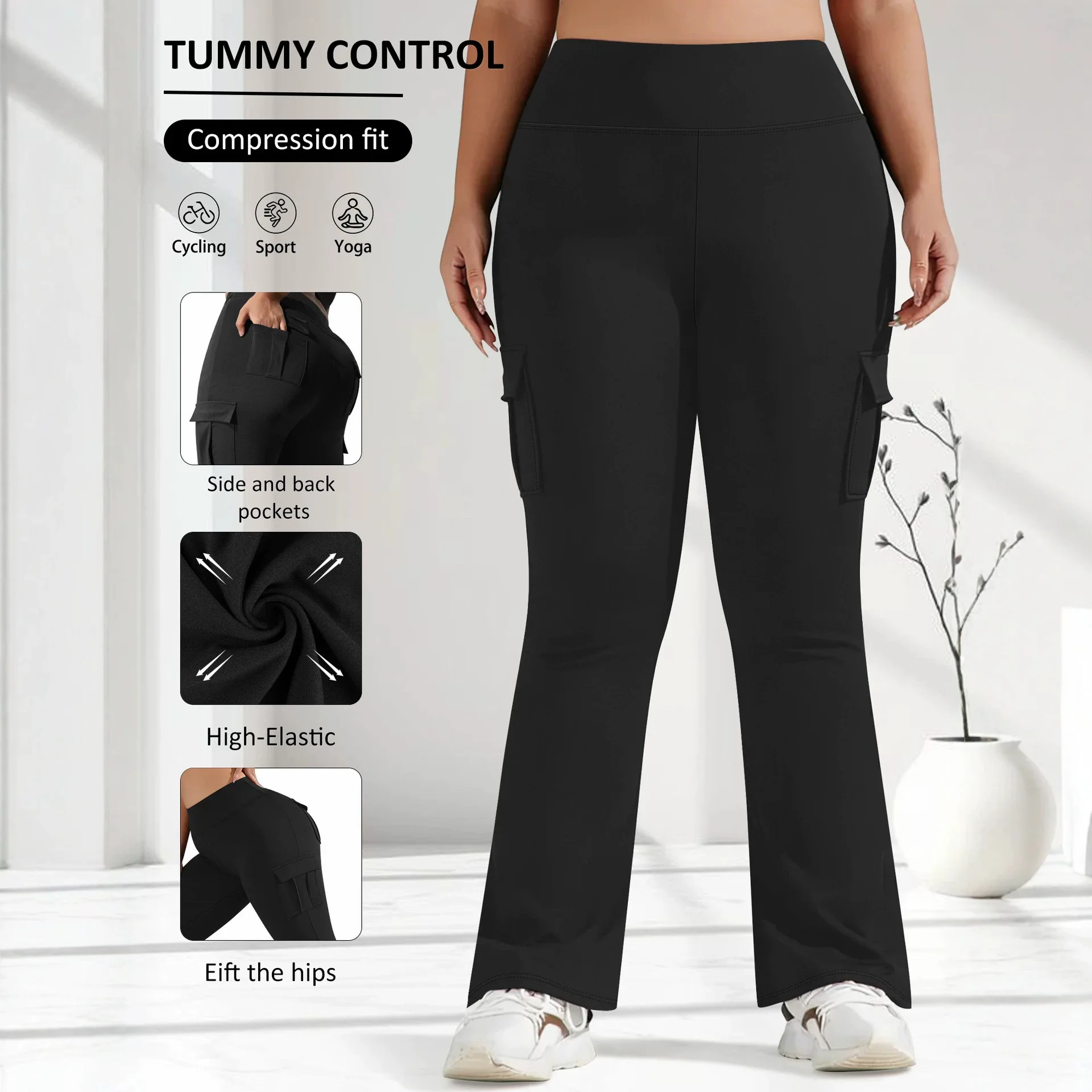 Plus Size Women High Waist Cargo Flare Yoga Pants With Multi Pockets High Elastic Tummy Control Outdoor Workout Running Trousers