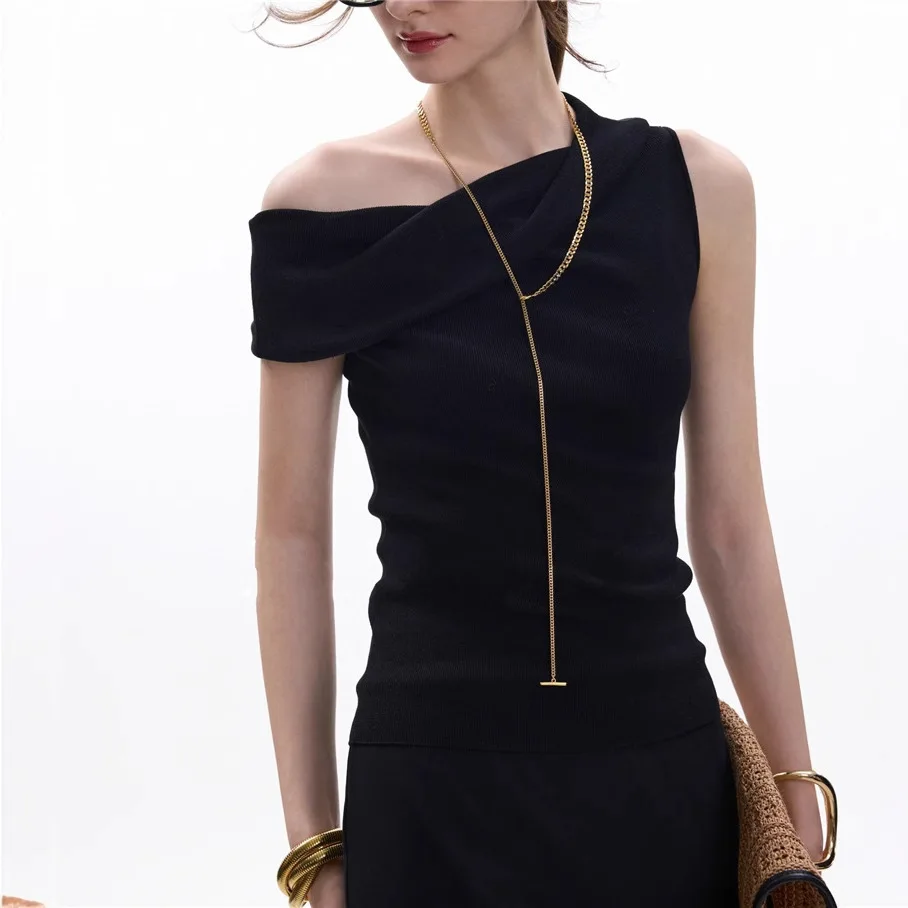 8074 Gilet stile francese estivo con spalle scoperte Abbigliamento versatile Top irregolare traspirante Tencel a 14 aghi