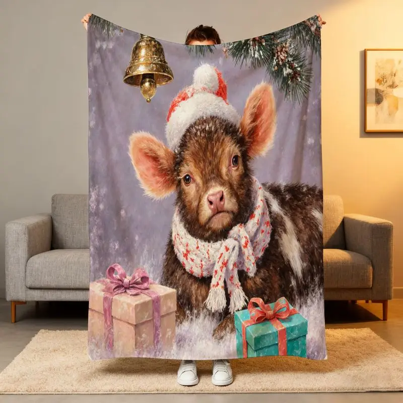 

1pc Brown Calf Christmas Blanket - Santa Hat/Scarf, Soft Warm Winter Holiday Kids/Adults Decor