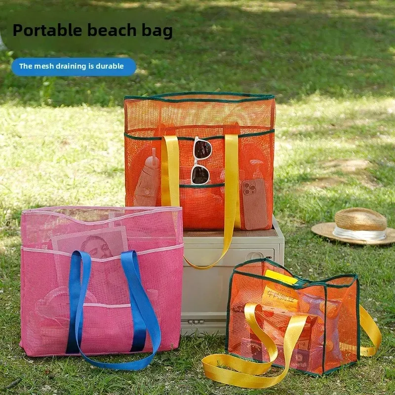 

NewPortable Beach Bag Outdoor Large Capacity Clothing Toiletries Storage Bag Color Collision Mesh Single Shoulder Bag for Travel