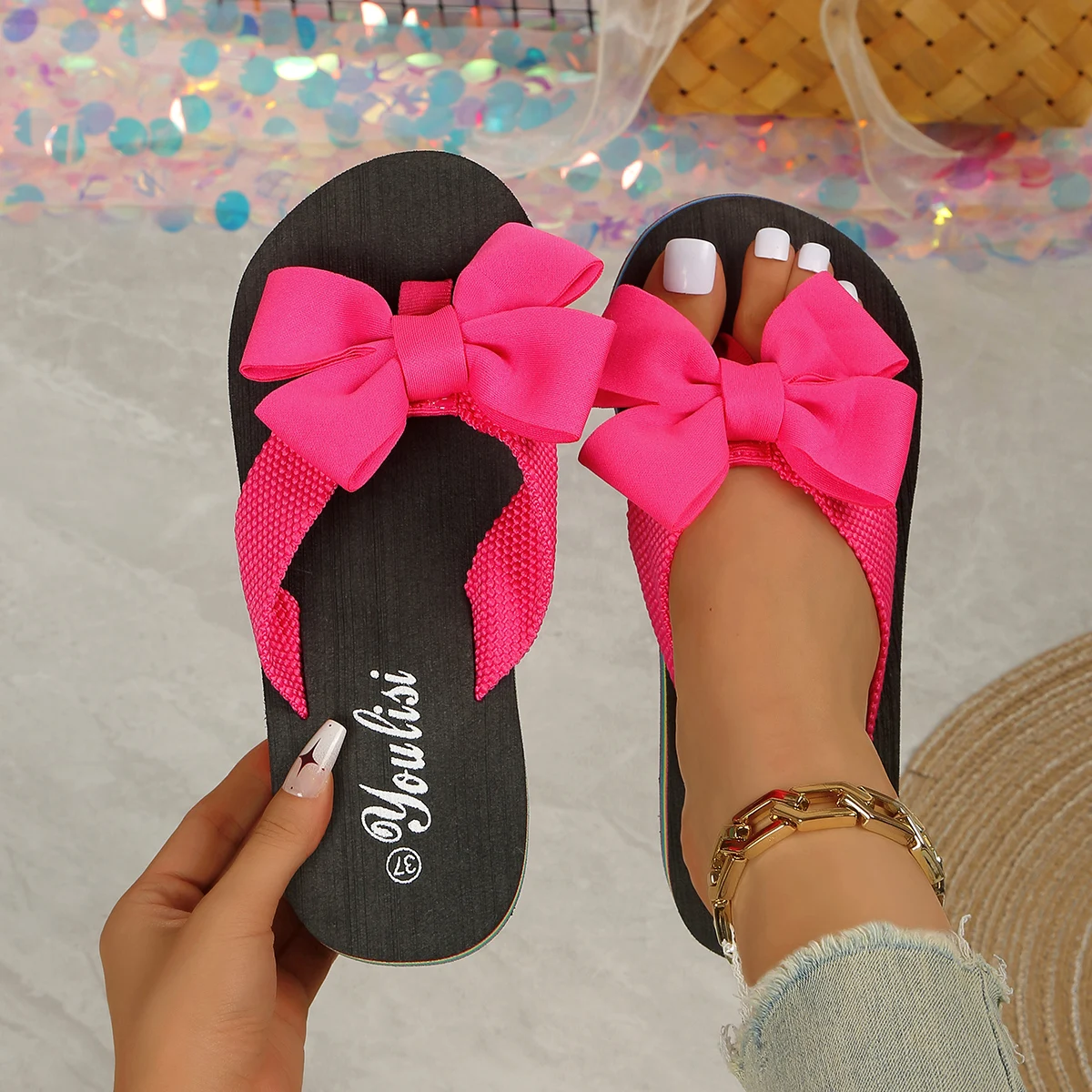 Women Slippers 2025 New Fashion Sandals Slides Women Summer Bow Keep Warm Shoes Women Flat Plus Size Slippers Zapatos De Mujer