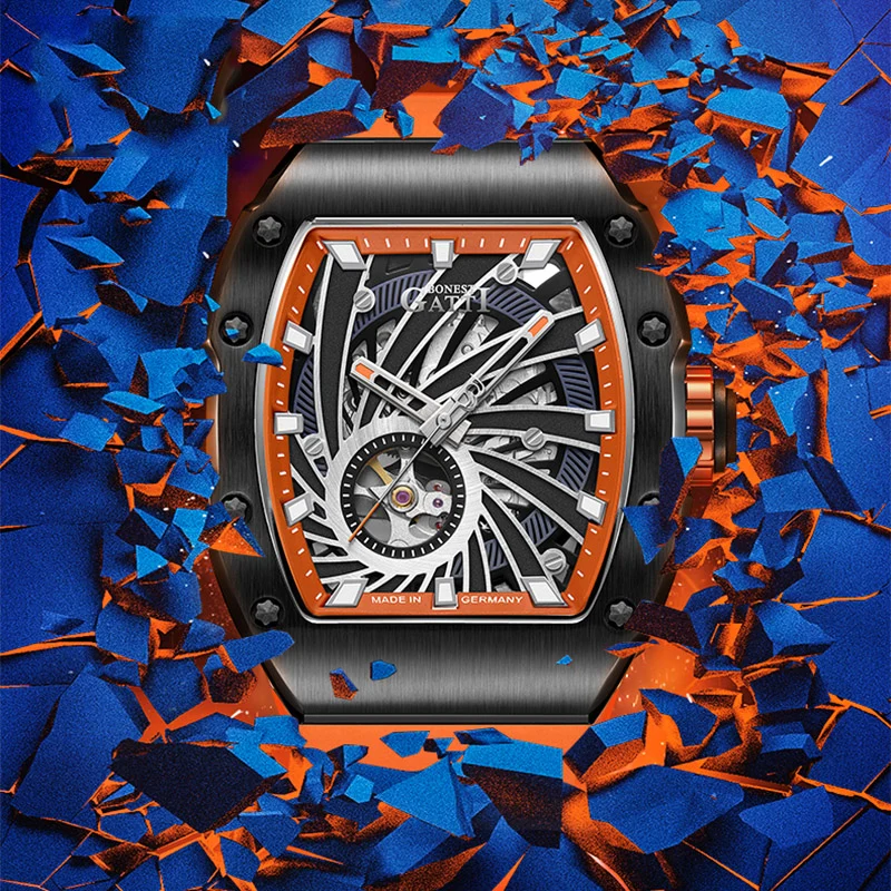 BONEST GATTI Men Luxury Watch Trendy Automatic Mechanical Movement Wristwatch Tonneau Case Rubber Strap