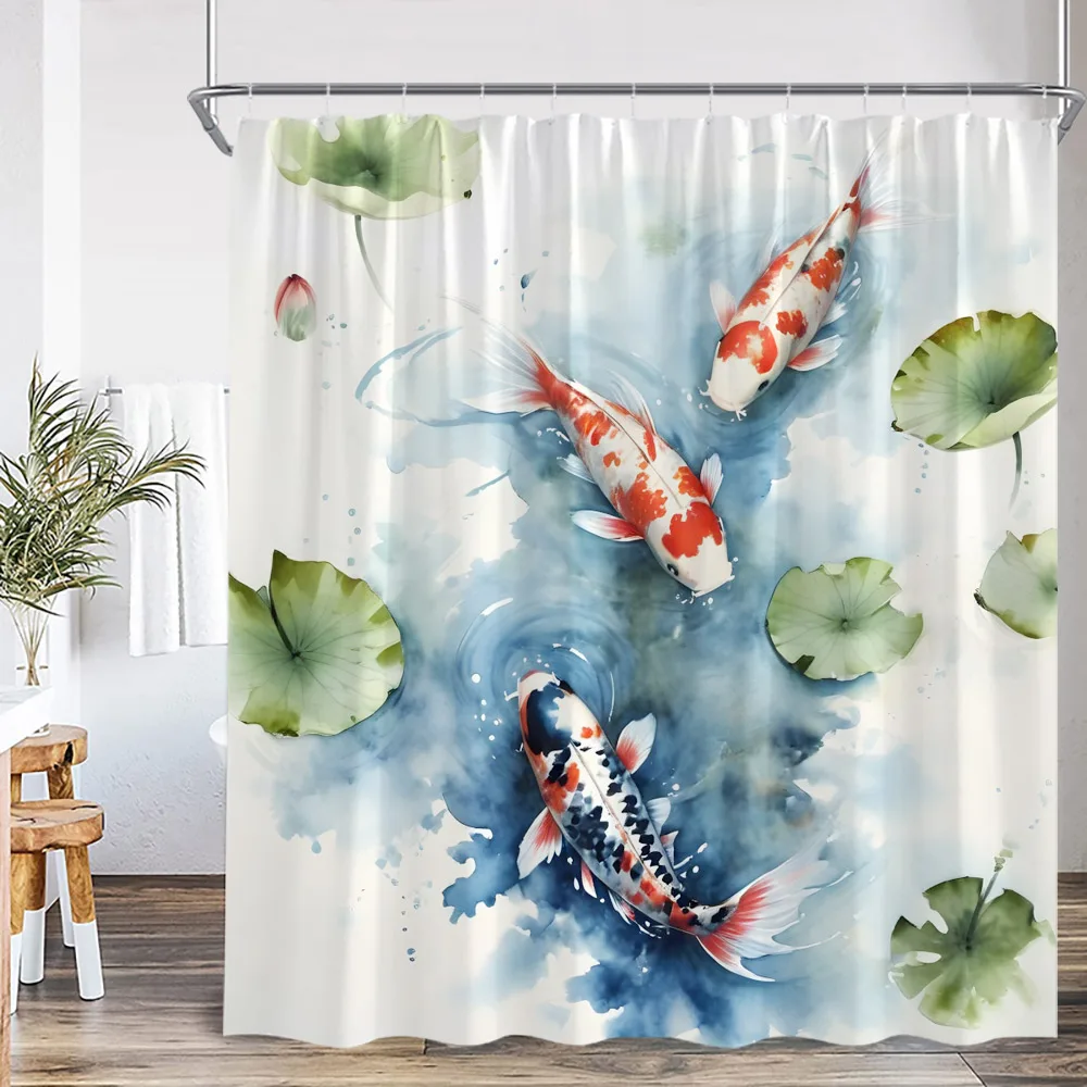 Koi Fish Oriental Watercolor Shower Curtain Asian Japanese Style Lotus Carp in Pond Ink Painting Bathtub Curtain Decor with Hook