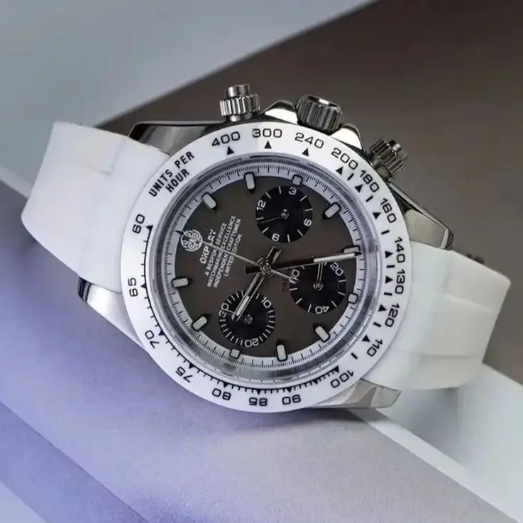 OKPLAY Men Chronograph Watch 39.5mm Quartz Wristwatch Sapphire Mirror 100M Waterproof Triple Windows Ceramic Bezel VK63