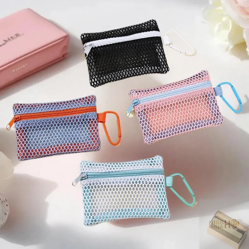 See-through Net Makeup Purse Chic Portable Cosmetics Holder with Zipper Flat Design for Bath and Beauty Organizing