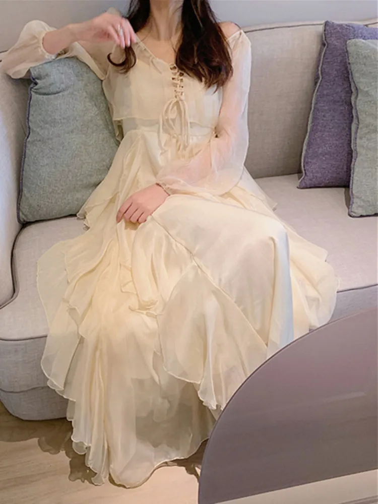 

2026 New Initial Love Orange Bellflower Fairy Dress Ins Super Fairy Thin Strap Long Sleeve Dress Two Piece Set Sweet Forest G...