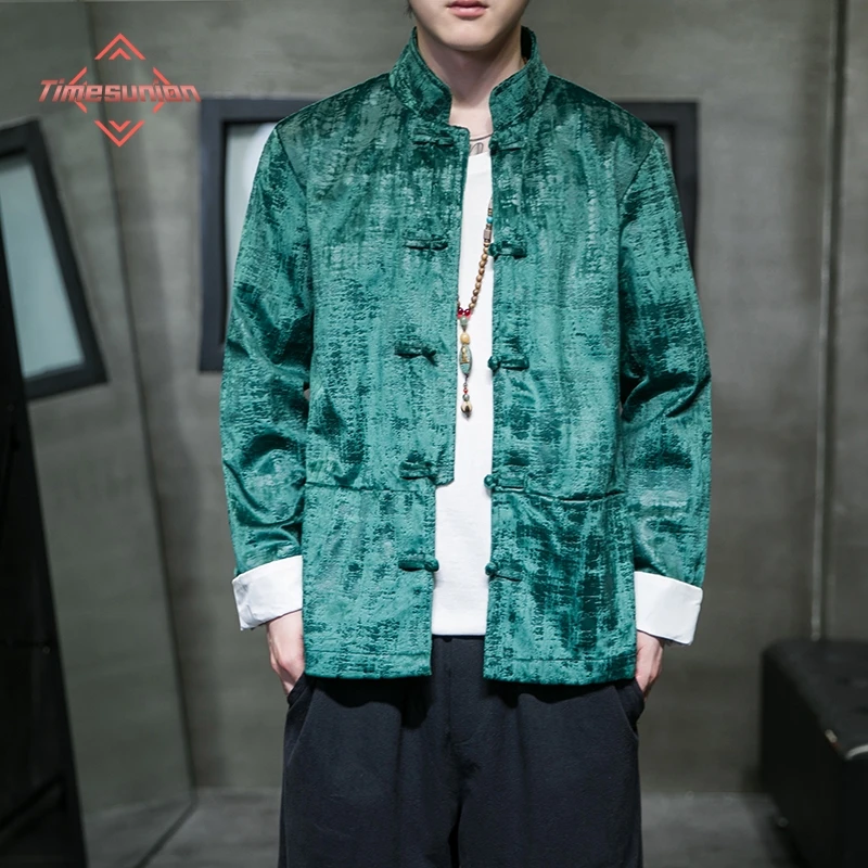 เสื้อผ้าผู้ชายแบบดั้งเดิม สไตล์ฮันฟูลำลอง เสื้อแจ็คเก็ตกำมะหยี่แบบเรียบ ติดกระดุมแบบจีน แฟชั่นจีน เสื้อคอตั้ง