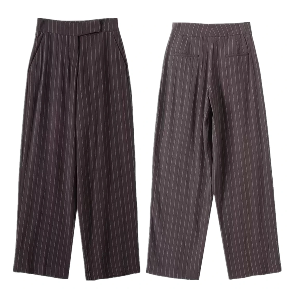 

Jenny&Dave French Fashion Ladies Retro Brown Striped Pants Minimalist Loose Summer Linen Wide Leg Pants Casual Trousers Women