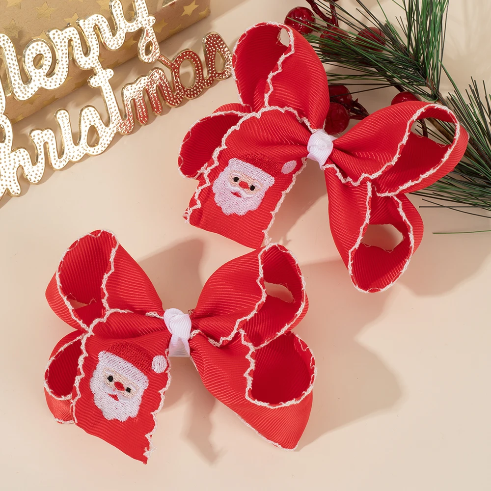 ncmama 2/1PCS Christmas Hair Bow Clips Embroidery Butterfly Bow Hairpins Sweet Girls Ribbon Barrettes Christmas Hair Accessories