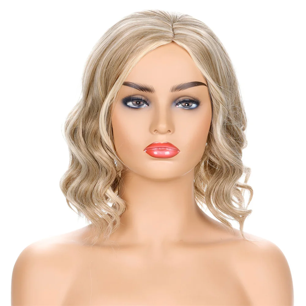 

Synthetic Short Women Wig Middle Split Wavy Curly Hair Female Ombre Blonde Daily Use High Temperature Resistance Fiber Wigs