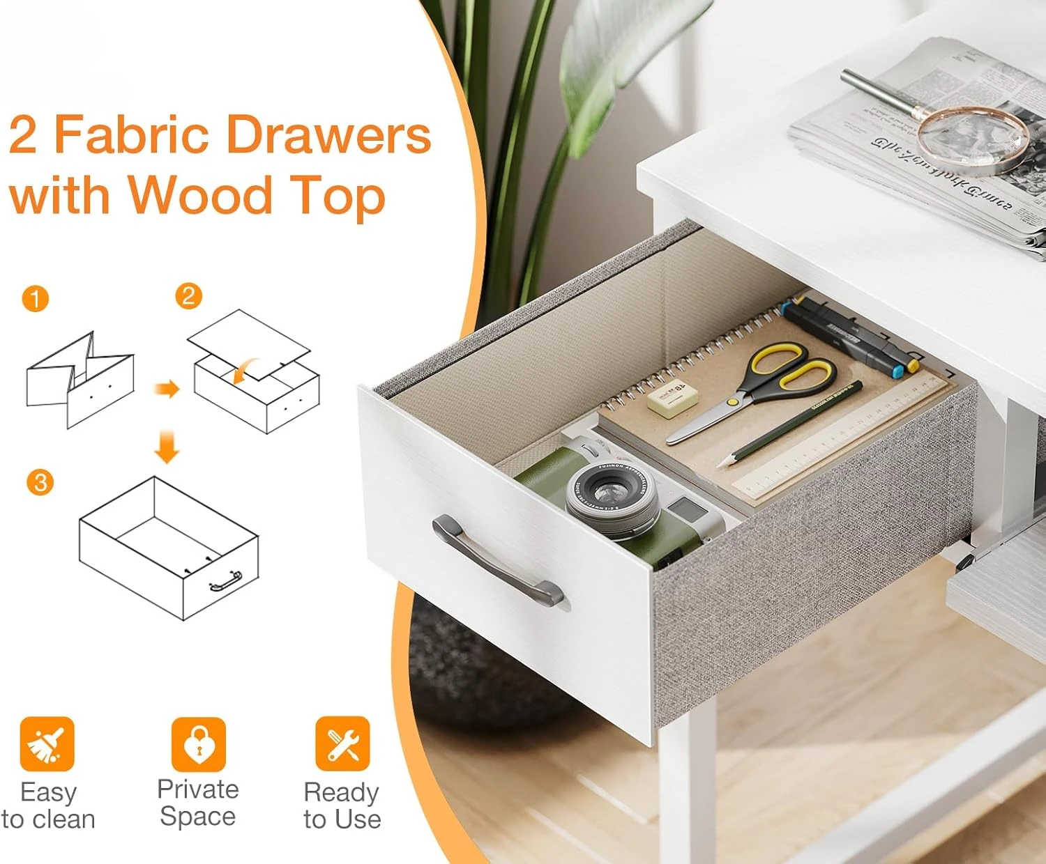 White Computer Desk with Drawers, 48 Inch Office Desk with Power Outlet with Keyboard Tray, Study Table Work Shelf