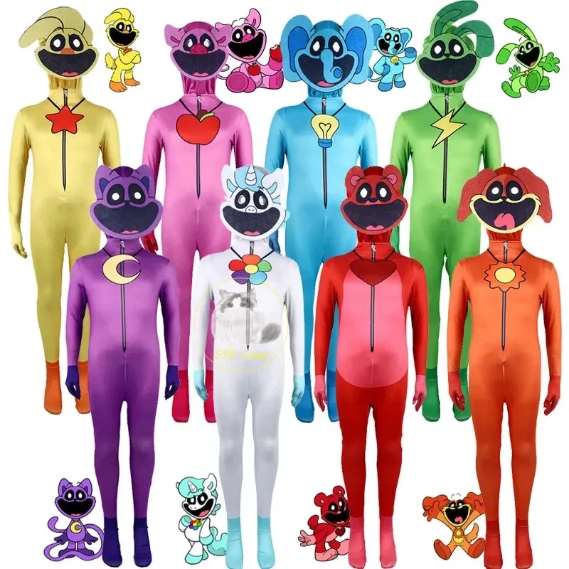 

Smiling Critters Poppy Cosplay Costume Aminal Purple Cat Catnap Elephant Bear Bodysuit Jumpsuit Mask Halloween Costume Kids
