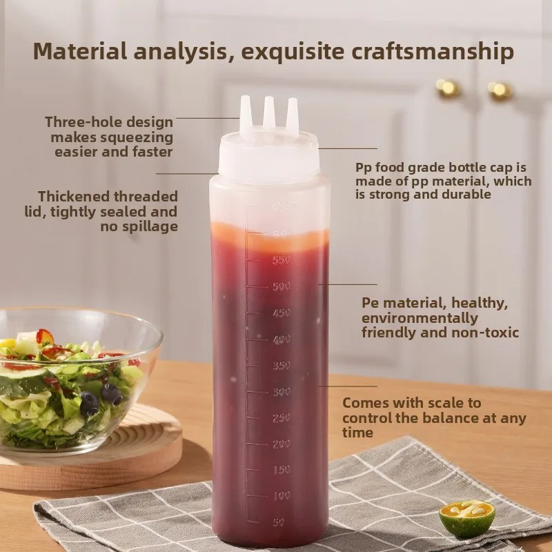 3 Hole Squeeze Sauce Bottle Plastic Condiment Bottle Leak Proof With Scale Ketchup Jam Salad Dressing Dispenser Kitchen Tool