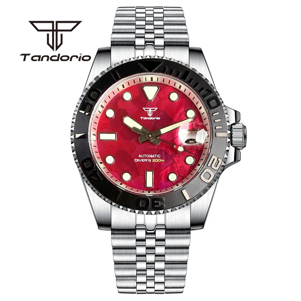 Tandorio NH35A Fashion Red Mother of Pearl Dial Luminous 40mm 20Bar Men\'s Automatic Dive Watch 120-Click Bezel Sapphire Crystal