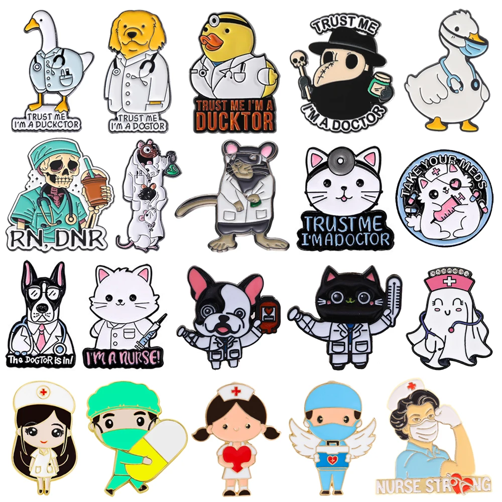 Animal Doctor Medical Enamel Pins Cute Duck Dog Cat Crow Nurse Lapel Badges Trust Me I'm A Doctor Brooch Backpack Jewelry Gifts