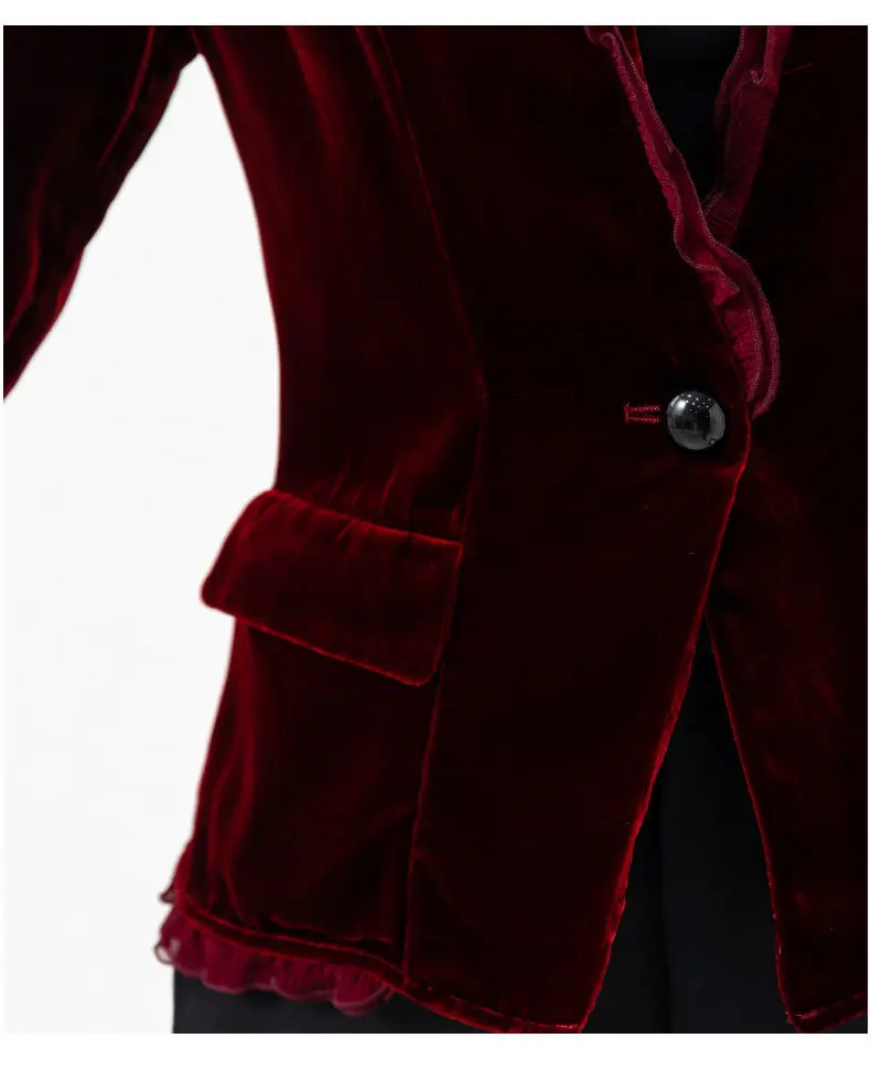 2025 Spring Women Vintage Ruffles Wine Red Cardigan Velvet Coat , Woman Clothing Short Slim Fall Velour Coats