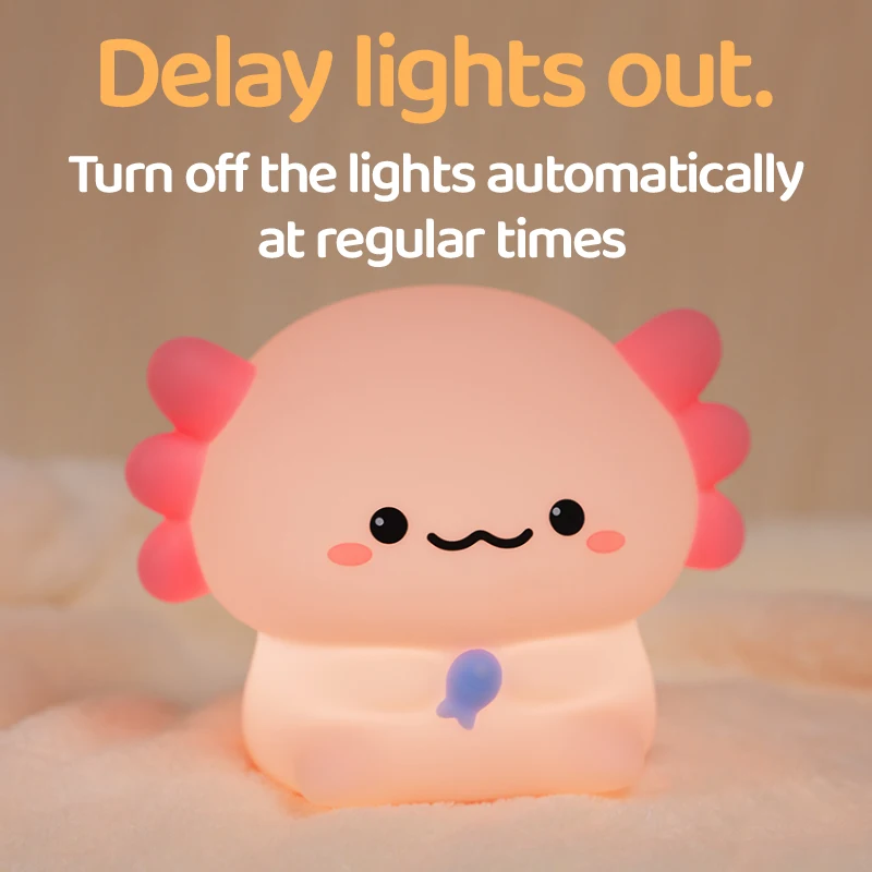 Cute Axolotl Night Light for Kids,USB Rechargeable LED Lamp,Timing,Silicone Touch Control,Christmas Birthday Gift for Children