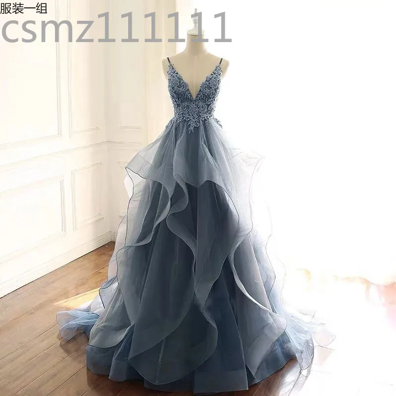 

Cross-border Evening Dress 2024 New Sexy V-neck Halter Suspender Lace Blue Dress Skirt Elegant and High-end Summer