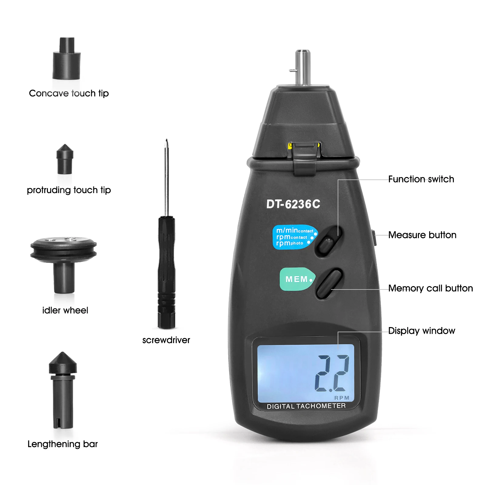 Imagem -02 - Tacômetro Digital com Sensor Fotográfico a Laser sem Contato Rpm Gauge Marker com Baterias Incluídas 25 a 99.999 Rpm