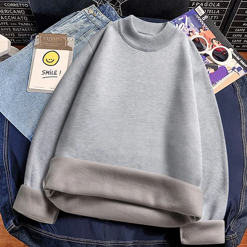 Men Stretch Fabric Mock Neck Knitwear Thick Fleece Lining Long Sleeve Pullover Soft Touch Cold Season Casual Garment