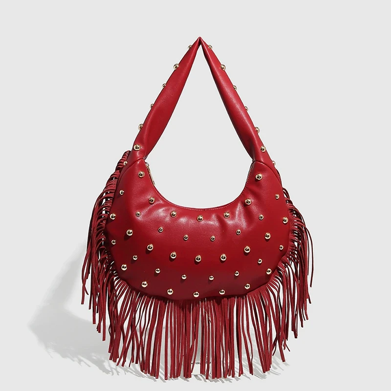 حقيبة هوبو كلاسيكية للنساء من الجلد النباتي تحت الإبط حقيبة يد مع تصميم مرصع بشراشيب حقيبة كتف كاجوال للاستخدام اليومي